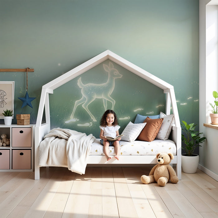 Papier peint chambre enfant | Faon lumineux dans une forêt enchantée