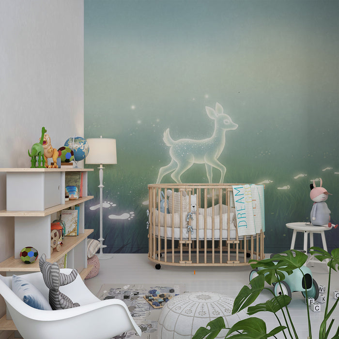 Papier peint chambre enfant | Faon lumineux dans une forêt enchantée