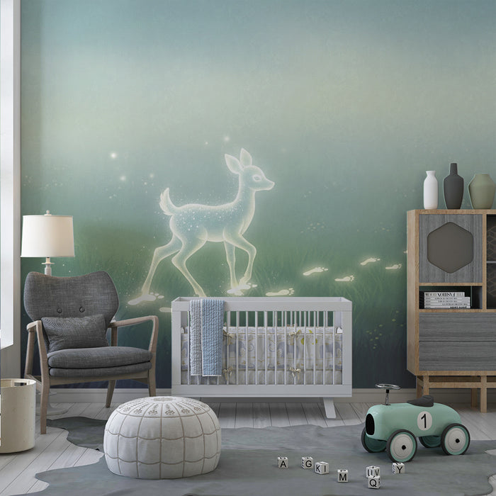 Papier peint chambre enfant | Faon lumineux dans une forêt enchantée
