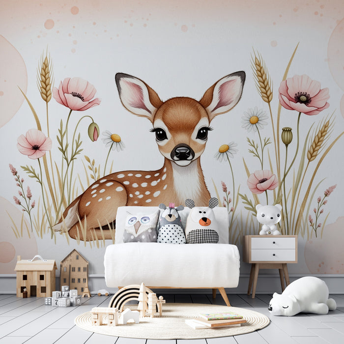 Kids room wallpaper | Cute fawn among the flowers