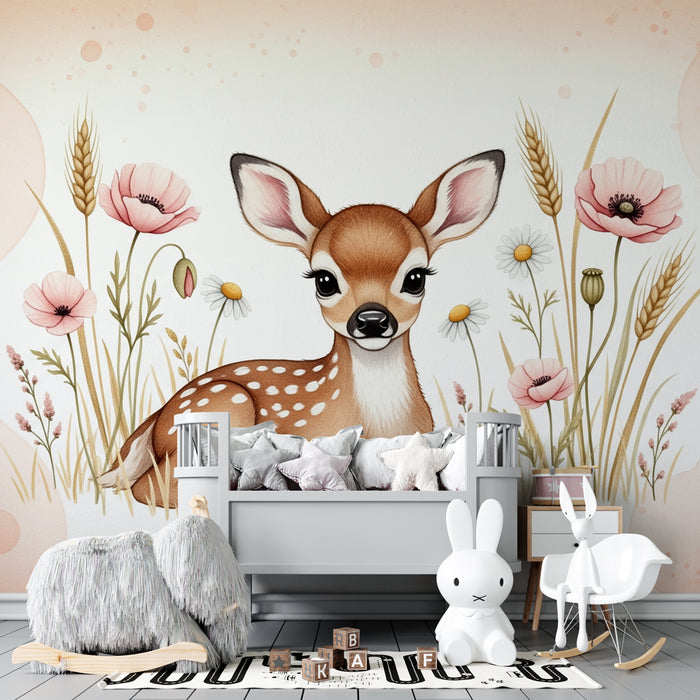 Kids room wallpaper | Cute fawn among the flowers