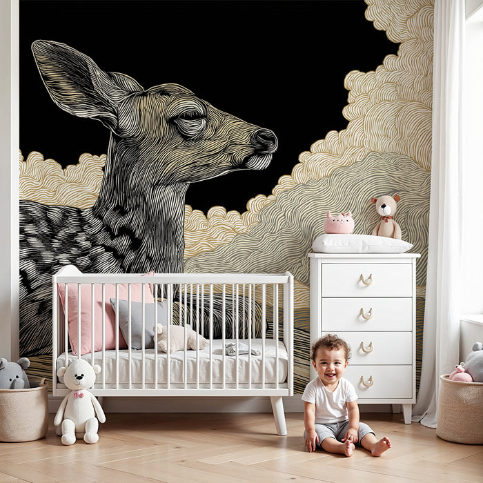 Lastenhuoneen tapetti | Rauhallinen hirvi pilvien peittämän taivaan alla