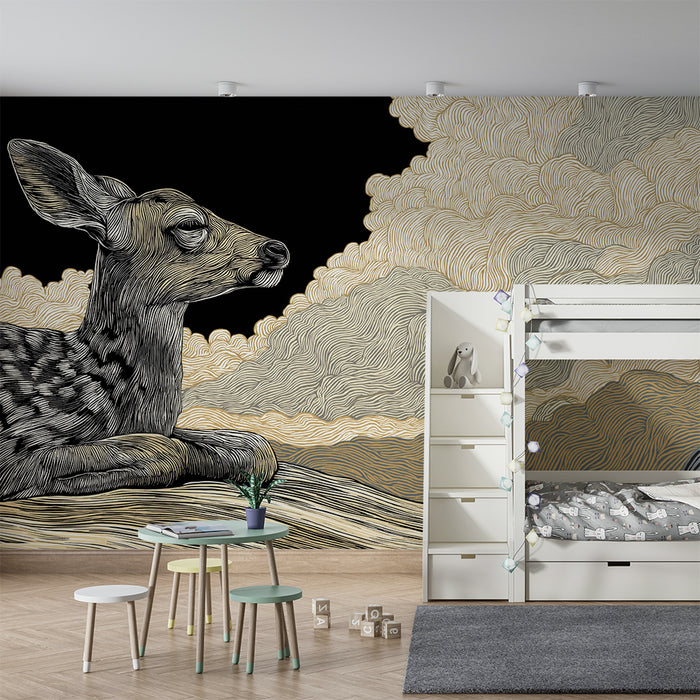 Lastenhuoneen tapetti | Rauhallinen hirvi pilvien peittämän taivaan alla