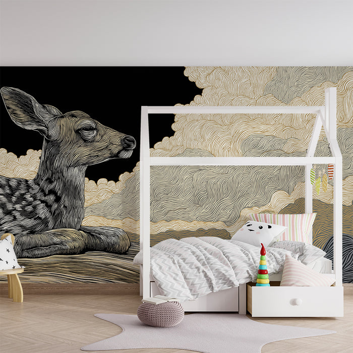 Lastenhuoneen tapetti | Rauhallinen hirvi pilvien peittämän taivaan alla