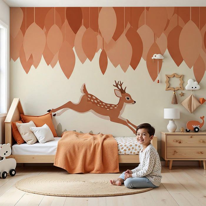 Papier peint chambre enfant | Faon sautant sous un feuillage aux teintes terracotta