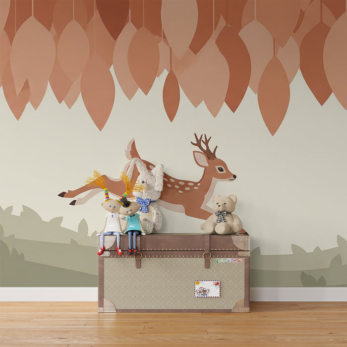Papier peint chambre enfant | Faon sautant sous un feuillage aux teintes terracotta