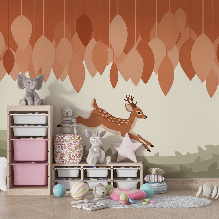 Papier peint chambre enfant | Faon sautant sous un feuillage aux teintes terracotta