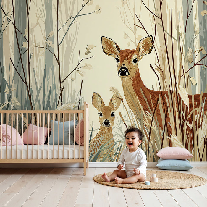 Papier peint chambre enfant | Faons dans une forêt paisible avec des herbes délicates