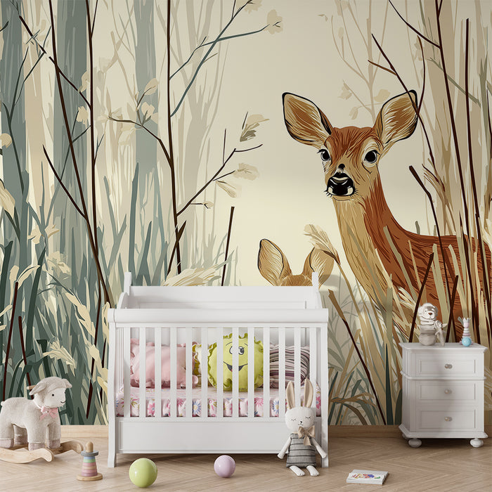 Papier peint chambre enfant | Faons dans une forêt paisible avec des herbes délicates