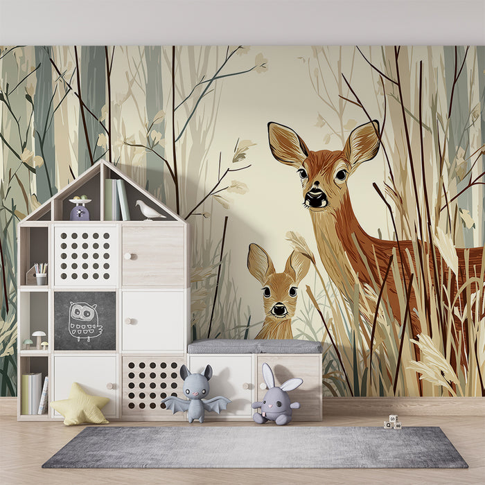 Papier peint chambre enfant | Faons dans une forêt paisible avec des herbes délicates