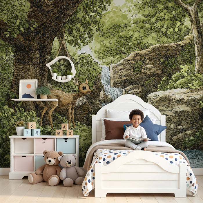 Kinderzimmer Tapete | Fauna und Flora am Rande eines Wasserfalls