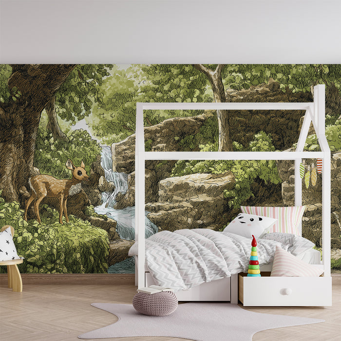 Kinderzimmer Tapete | Fauna und Flora am Rande eines Wasserfalls