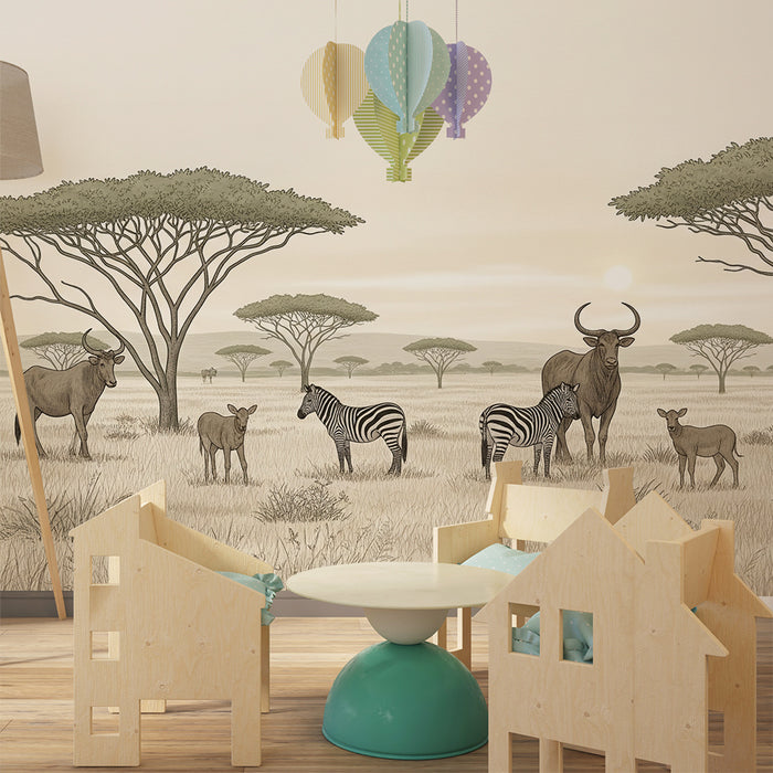 Kids room wallpaper | Vadon élő állatok Afrikában zebrákkal és antilopokkal