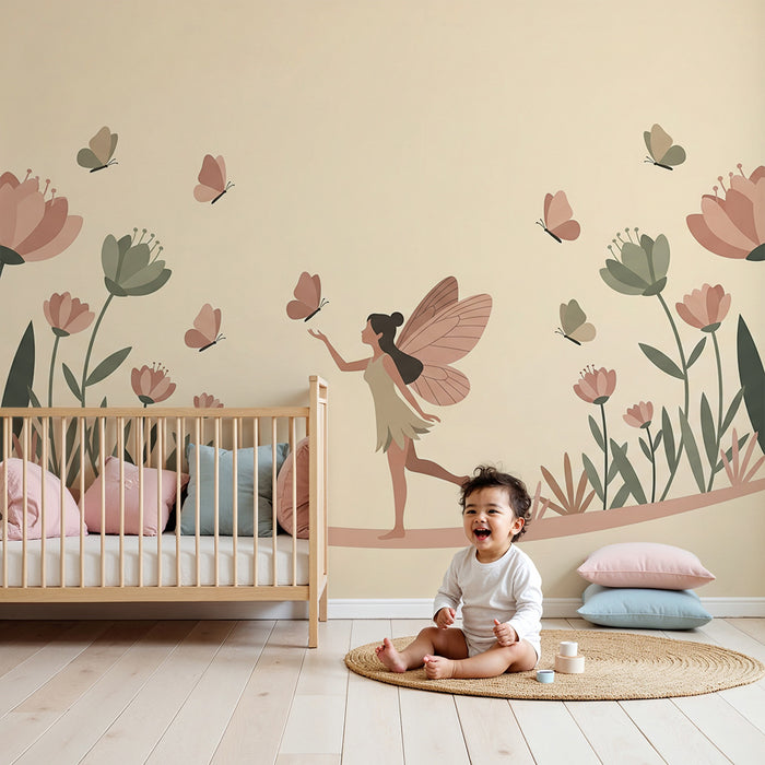 Kinderzimmer-Tapete | Fee in einem Garten mit Pfingstrosen und zarten Schmetterlingen