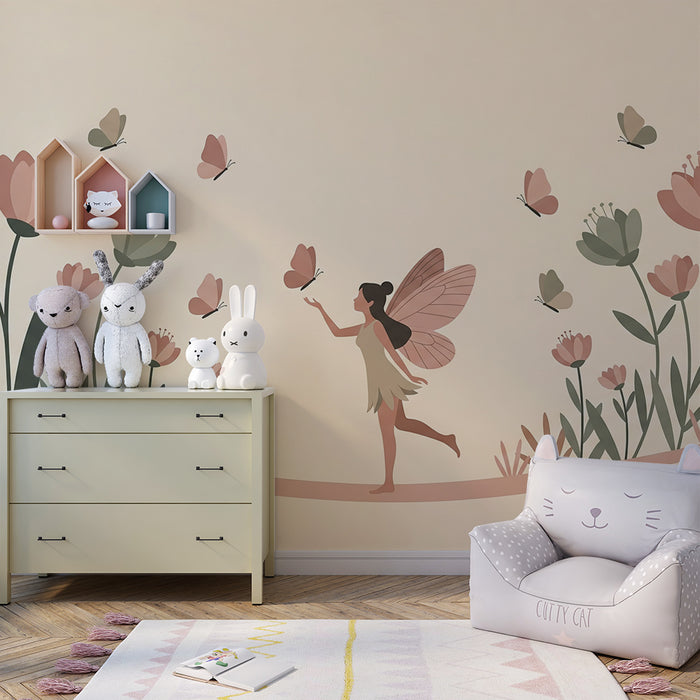 Kinderzimmer-Tapete | Fee in einem Garten mit Pfingstrosen und zarten Schmetterlingen