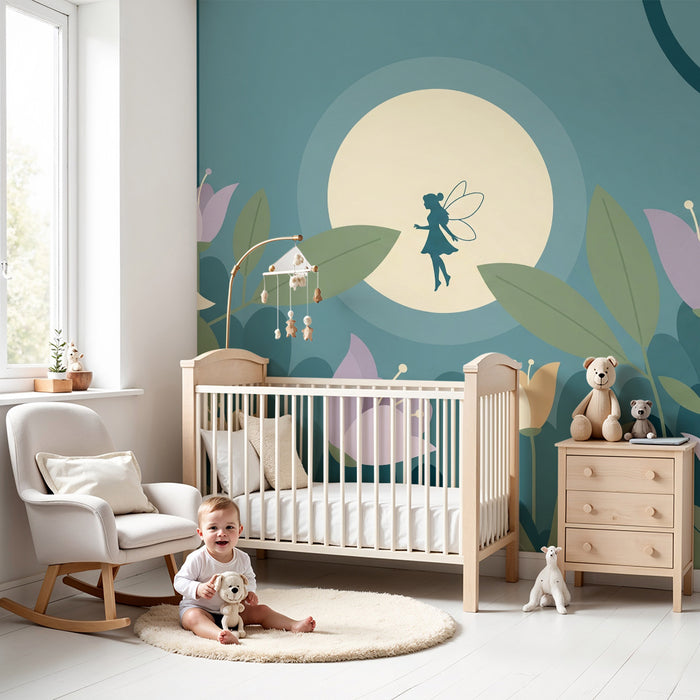 Kinderzimmer-Tapete | Fee im Pfingstrosengarten unter dem Mond