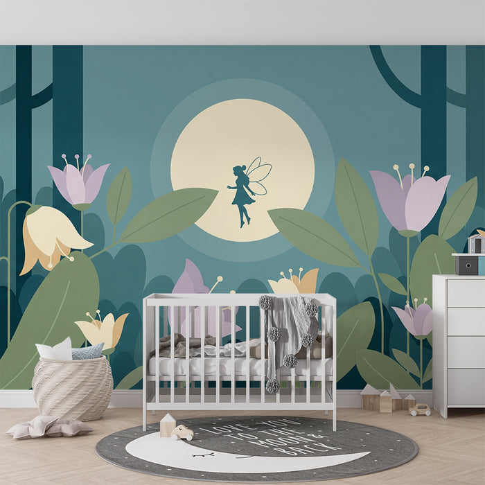 Kinderzimmer-Tapete | Fee im Pfingstrosengarten unter dem Mond