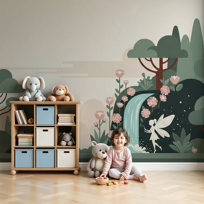 Papel de parede para quarto infantil | Fada num jardim encantado com cascata e flores cor-de-rosa