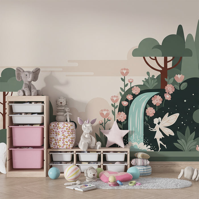 Papel de parede para quarto infantil | Fada num jardim encantado com cascata e flores cor-de-rosa