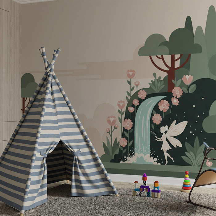 Papel de parede para quarto infantil | Fada num jardim encantado com cascata e flores cor-de-rosa