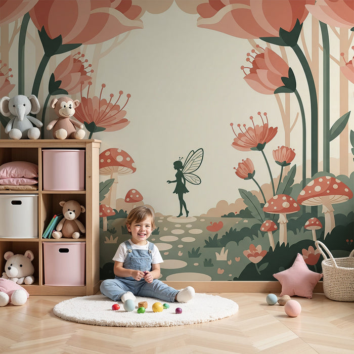 Children's bedroom wallpaper | Fairy in an enchanted garden with flowers and mushrooms