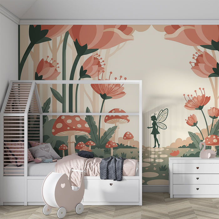 Children's bedroom wallpaper | Fairy in an enchanted garden with flowers and mushrooms