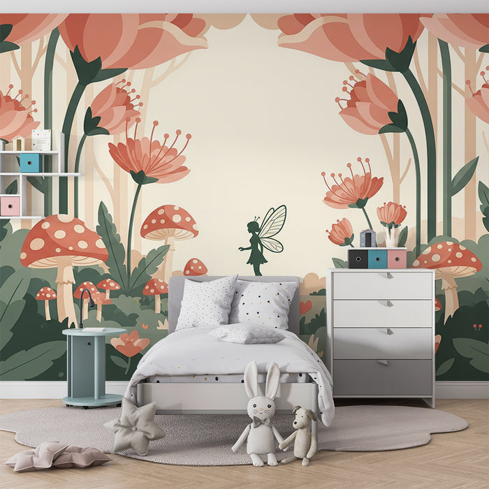 Children's bedroom wallpaper | Fairy in an enchanted garden with flowers and mushrooms