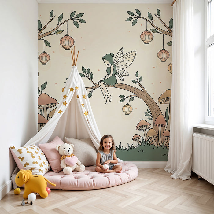 Fairy Wallpaper for Kids' Rooms | Delicate fairy perched on a branch with lanterns and mushrooms