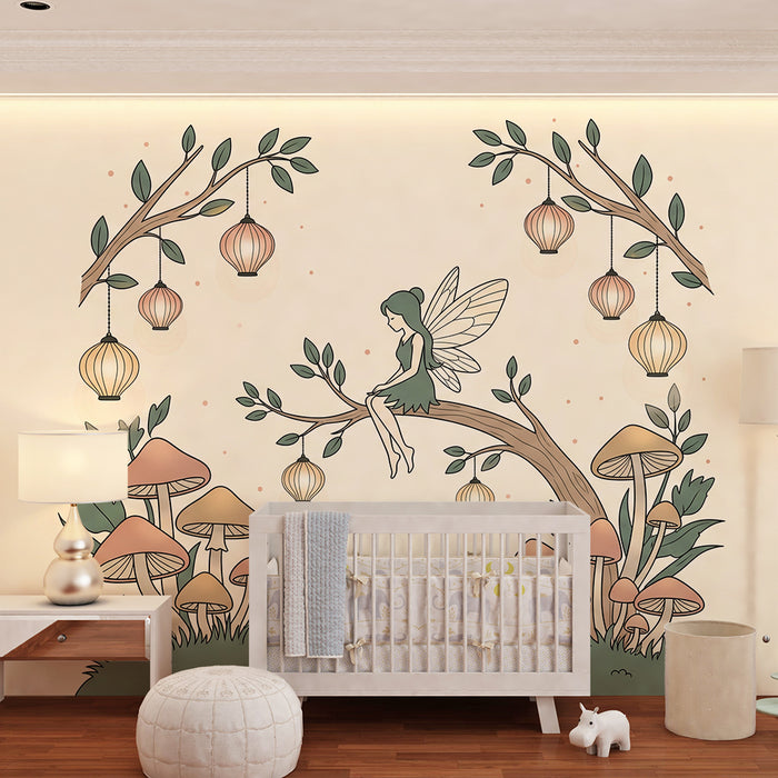 Fairy Wallpaper for Kids' Rooms | Delicate fairy perched on a branch with lanterns and mushrooms