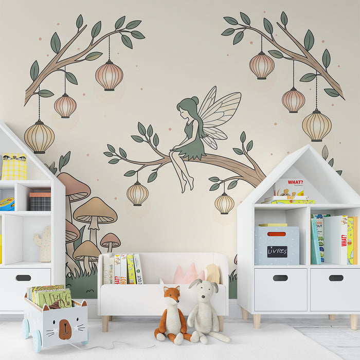 Fairy Wallpaper for Kids' Rooms | Delicate fairy perched on a branch with lanterns and mushrooms