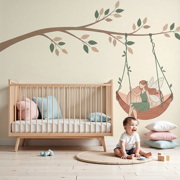 Fairy Wallpaper for Kids' Rooms | Delicate Fairy Swinging in a Hammock Under a Tree