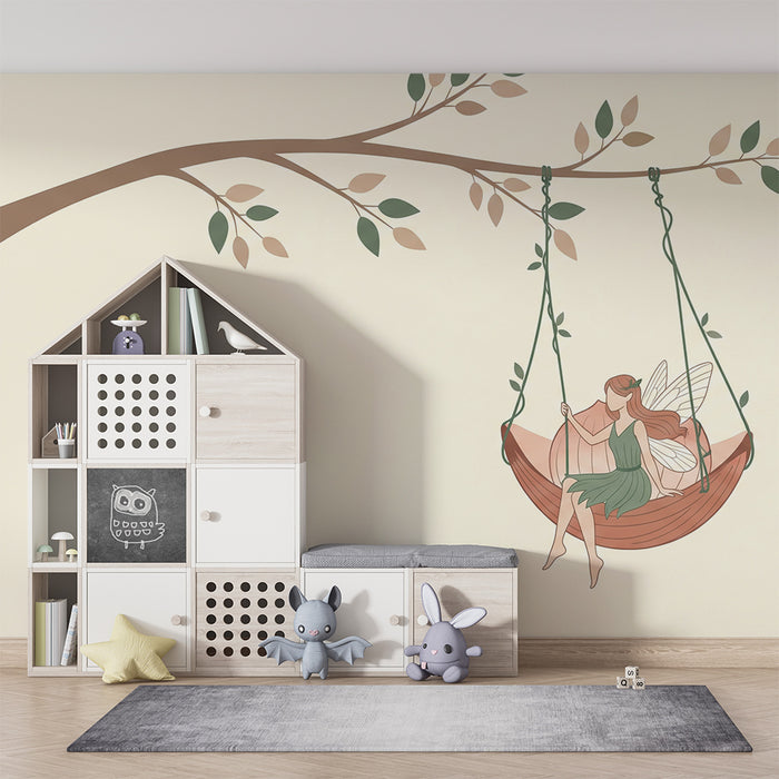 Fairy Wallpaper for Kids' Rooms | Delicate Fairy Swinging in a Hammock Under a Tree
