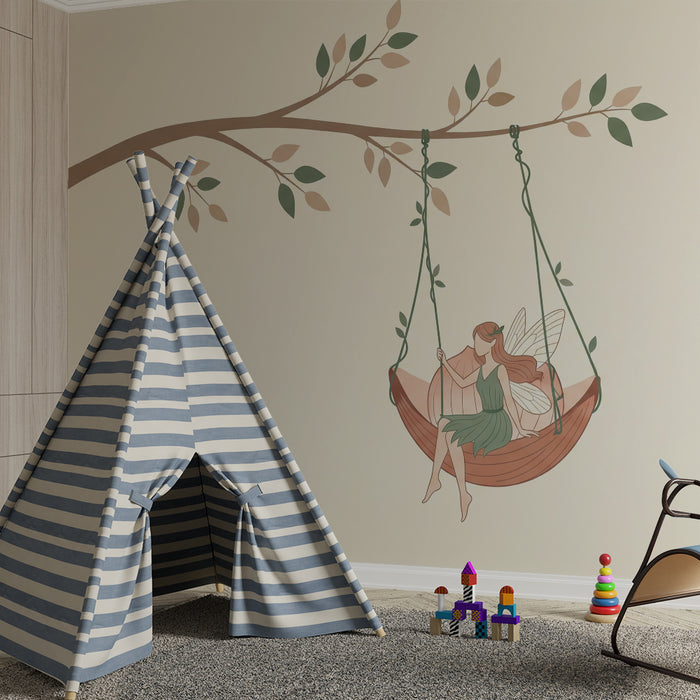 Fairy Wallpaper for Kids' Rooms | Delicate Fairy Swinging in a Hammock Under a Tree