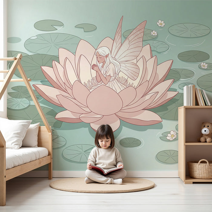 Children's Room Wallpaper | Delicate Fairy on a Lotus Flower in a Serene Pond