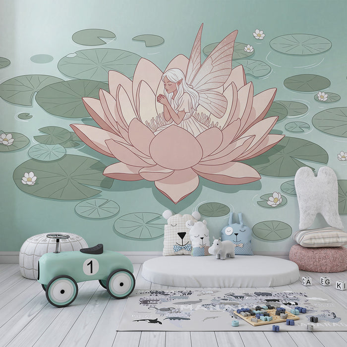 Children's Room Wallpaper | Delicate Fairy on a Lotus Flower in a Serene Pond