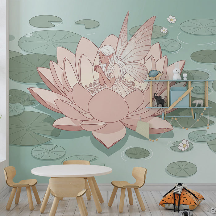 Children's Room Wallpaper | Delicate Fairy on a Lotus Flower in a Serene Pond