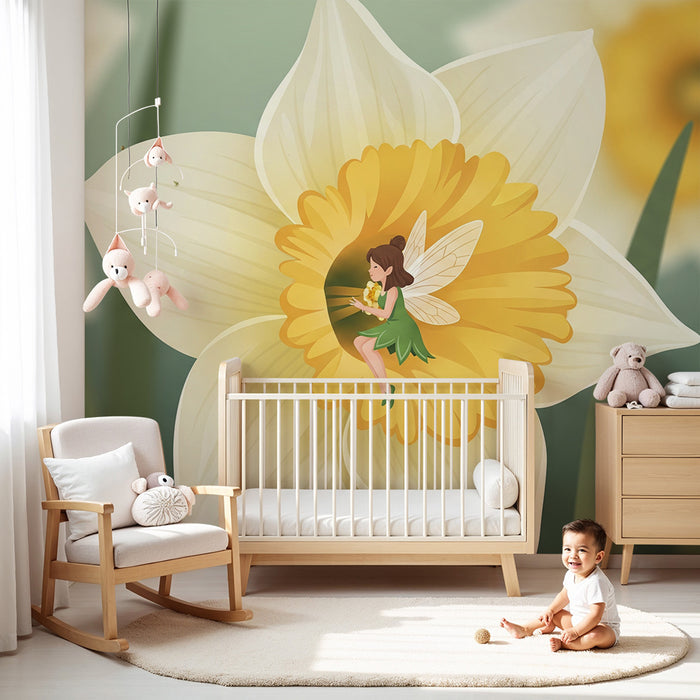 Papier peint chambre enfant | Fée délicate sur une fleur de narcisse