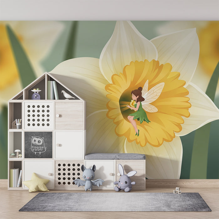 Papier peint chambre enfant | Fée délicate sur une fleur de narcisse