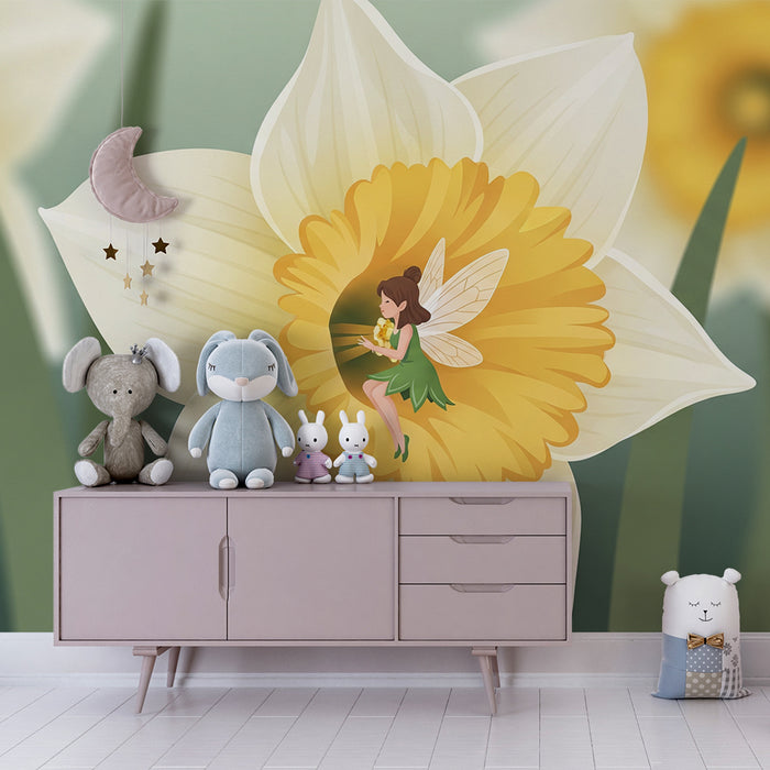 Papier peint chambre enfant | Fée délicate sur une fleur de narcisse