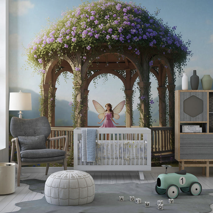 **Tapete Kinderzimmer | Verzauberte Fee in einem Blütengarten unter einem Holz-Pavillon**