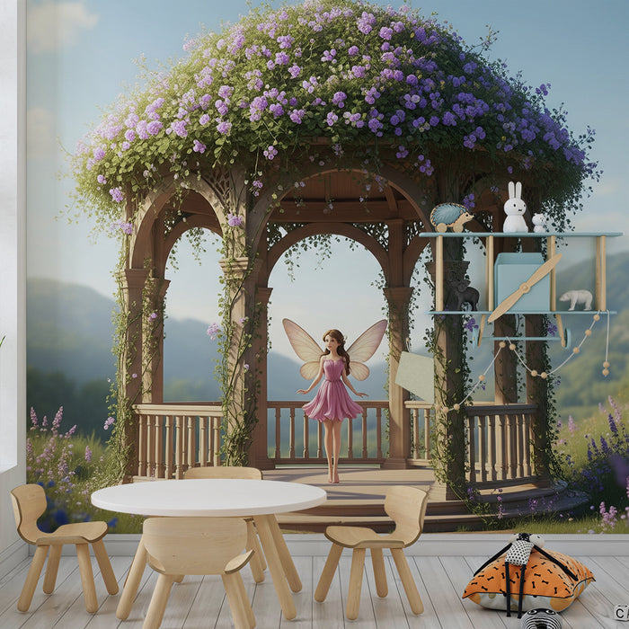 **Tapete Kinderzimmer | Verzauberte Fee in einem Blütengarten unter einem Holz-Pavillon**