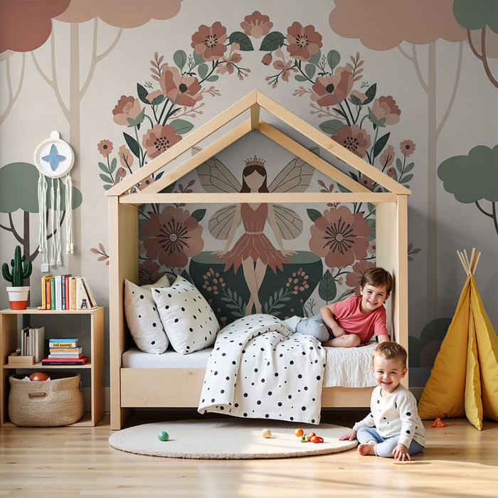 Papel de parede para quarto infantil | Fada encantada rodeada de flores delicadas numa floresta mágica