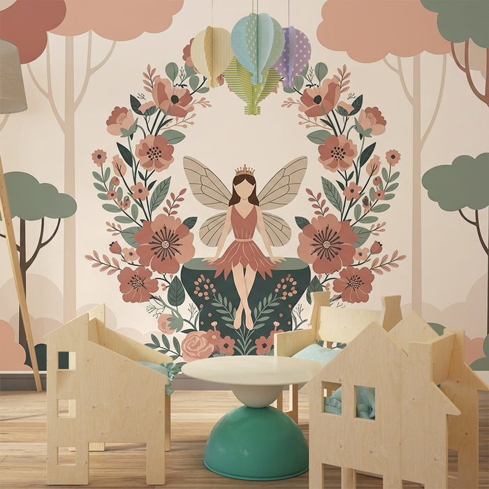 Papel de parede para quarto infantil | Fada encantada rodeada de flores delicadas numa floresta mágica