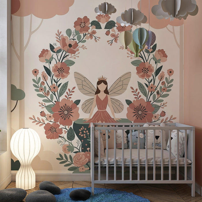 Papel de parede para quarto infantil | Fada encantada rodeada de flores delicadas numa floresta mágica