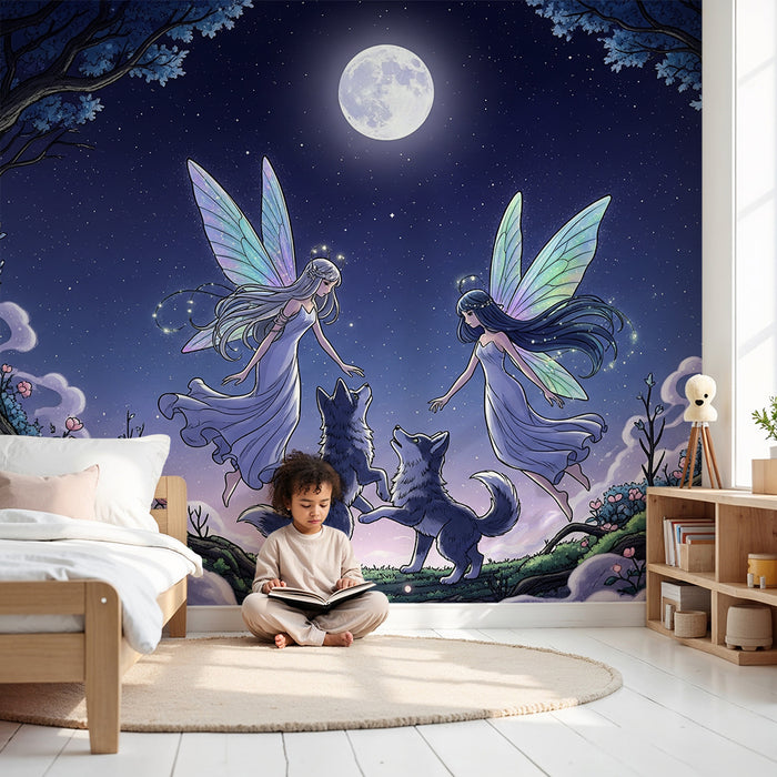 Papel de parede para quarto infantil | Fadas na floresta encantada sob a lua cheia