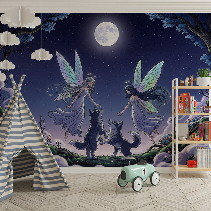 Papel de parede para quarto infantil | Fadas na floresta encantada sob a lua cheia