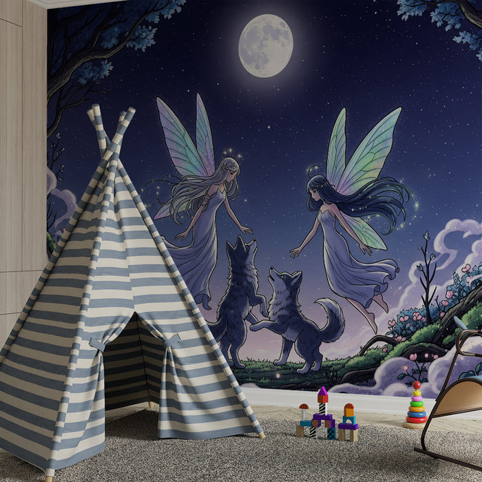 Papel de parede para quarto infantil | Fadas na floresta encantada sob a lua cheia