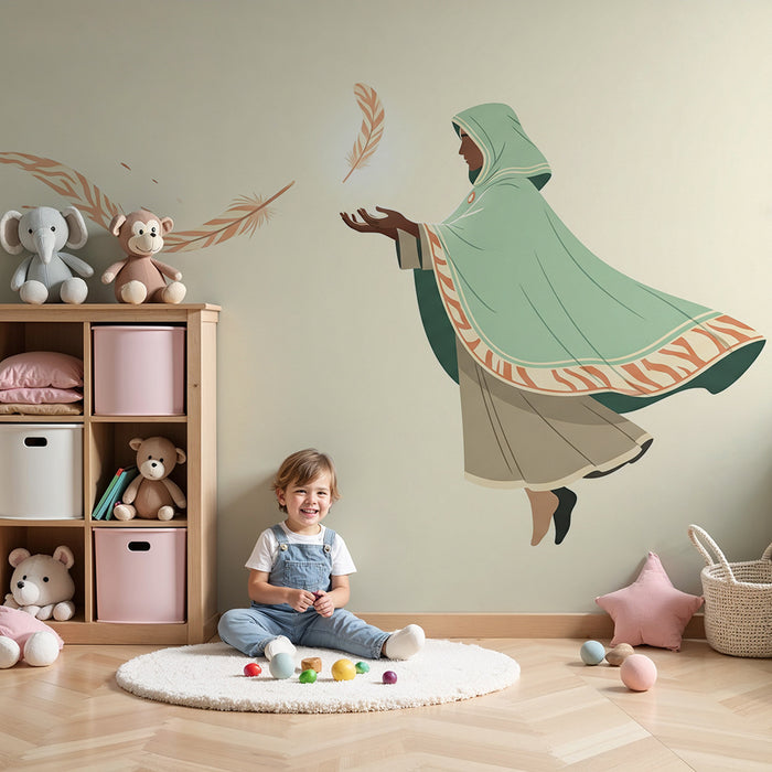 Carta da parati bambini | Donna mistica circondata da delicate piume