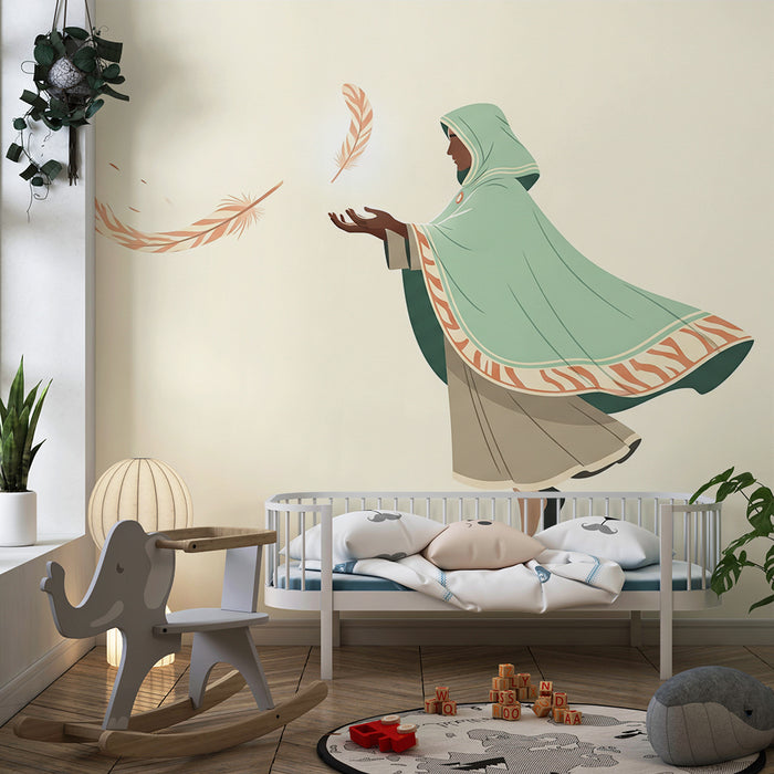 Carta da parati bambini | Donna mistica circondata da delicate piume