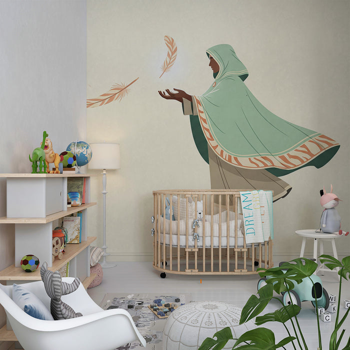 Carta da parati bambini | Donna mistica circondata da delicate piume